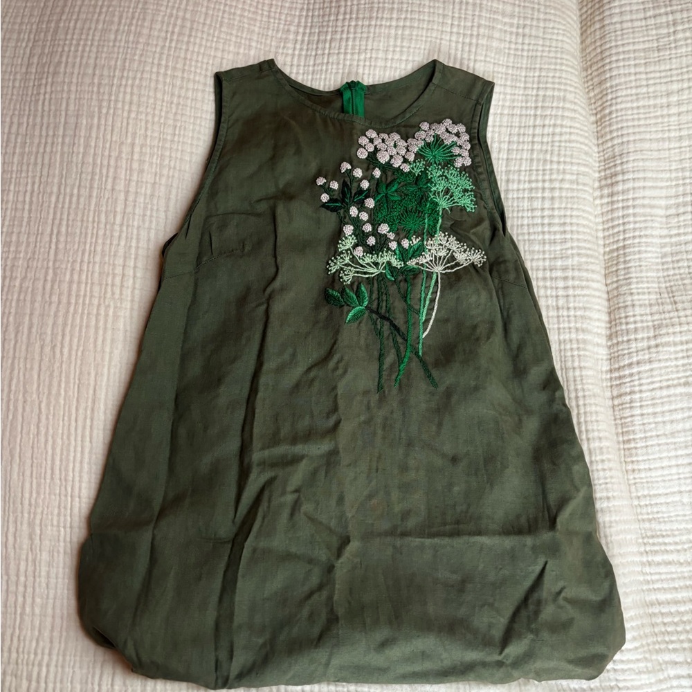 Vintage Green Sleeveless Linen Dress with Floral Embroidery - Picture 5 of 8